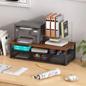 2-Tier Design Computer Monitor Stand With Drawer Rust-proof Laptop Computer Storage Shelf Large Load Bearing Multi-Purpose